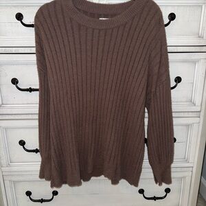 Aerie Chocolate Ribbed Crew Neck Sweater with Slit Sleeves
